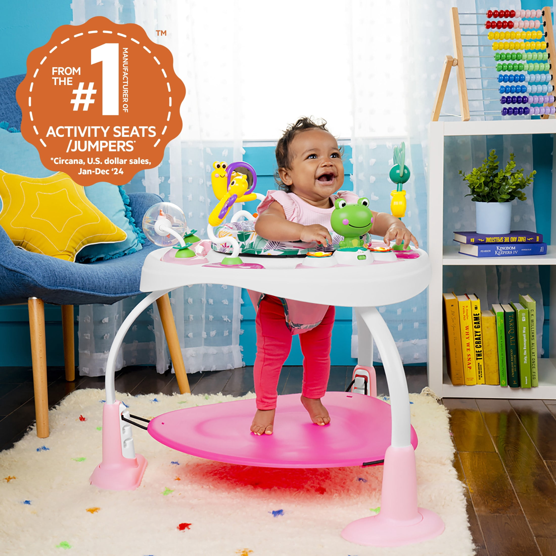 Bright Starts Bounce Bounce Baby 2-in-1 Activity Center Jumper & Table - Playful Palms Pink, 6 Months and up