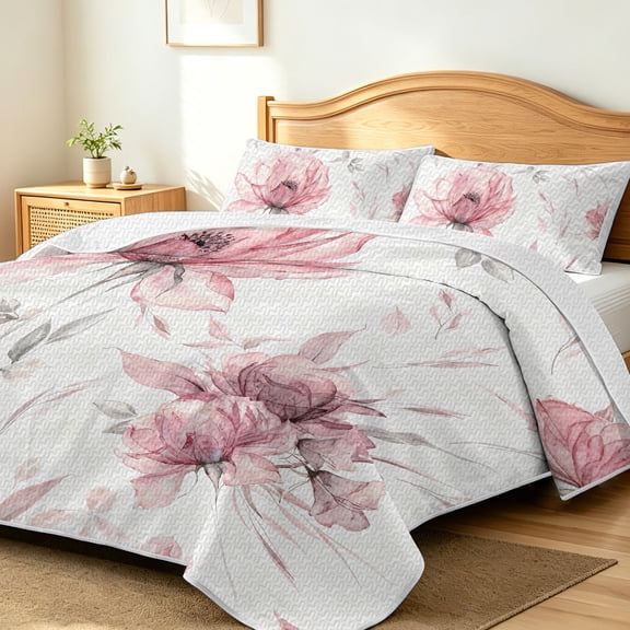 FIVERAM Pink Peony King Bedspread,3 Piece Watercolor Large Floral Quilt Set King Size,Lightweight Coverlet with Pillow Shams Reversible Bed Cover Bedroom Decor