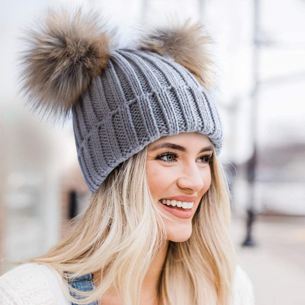 Womens Winter Double Pom Pom Beanie 