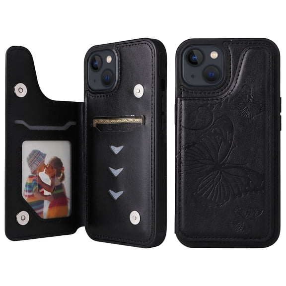 iPhone 13 Wallet Case with Card Holder, PU Leather Butterfly Embossed Kickstand Magnetic Closure Shockproof Protection Case Cover for Apple iPhone 13 6.1",Black