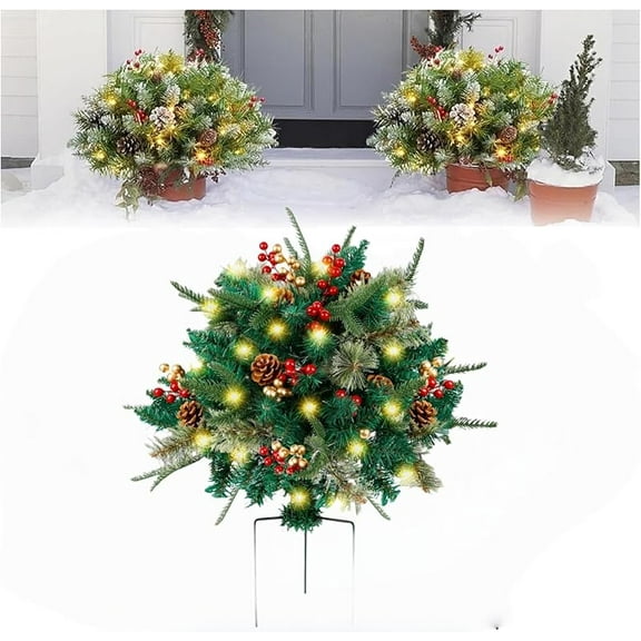 Holiday Planters, 2025 New Lighted Artificial Christmas Filler with Led Lights & Red Berries,Faux Holiday Planter Light Up Planter Filler for Christmas Outdoor Decor (2)