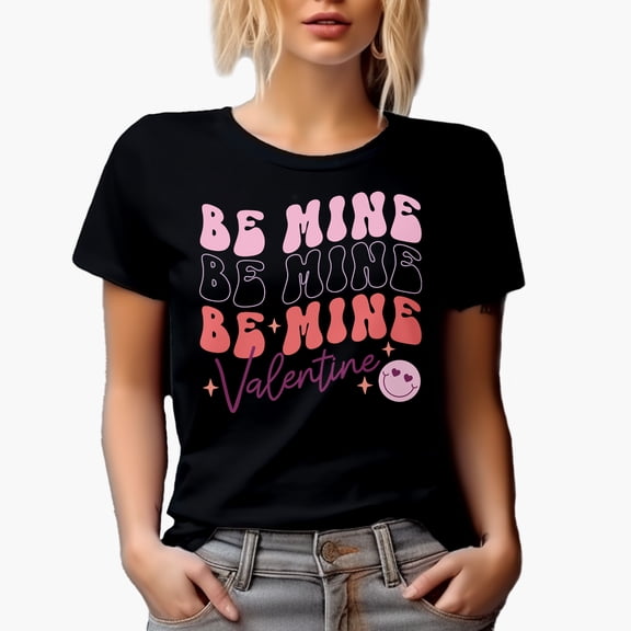 Be Mine Be Mine Be Mine Valentine with Retro Smiling Face, Valentine's Day Gift, Black T-Shirt, Small