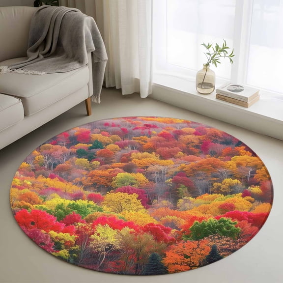 Round Rugs 4Ft, Red Orange Green Forest Round Area Rug Washable Indoor Throw Carpet, Fall Botanical Tree Maple Leaf Soft Non Slip Circle Rug for Kitchen Nursery Room Home Decor Aesthetic