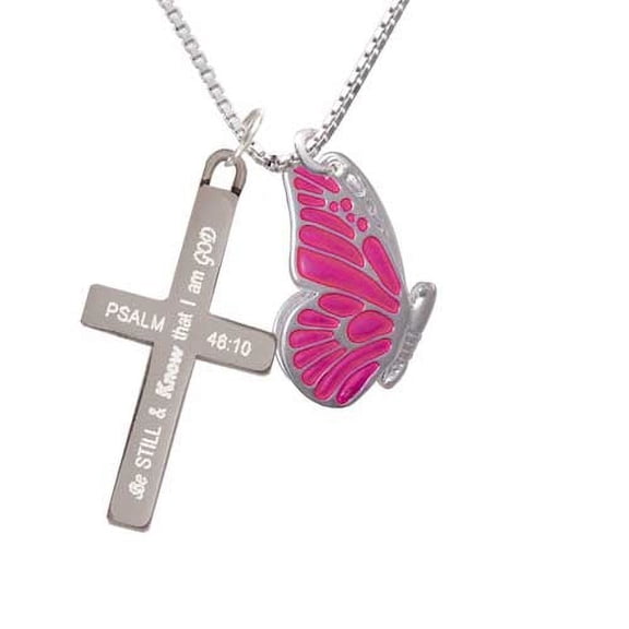 Silvertone Large Translucent Hot Pink Flying Butterfly - Be Still and Know - Cross Necklace