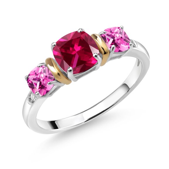 Gem Stone King 1.71 Ct Red Created Ruby Pink Created Sapphire 925 Silver and 10K Yellow Gold Diamond 3-Stone Ring (Size 7)