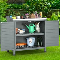 Dextrus Outdoor Garden Potting Bench Table with Cabinet Storage, Portable Workbench Featuring Removable Shelf and Metal Top, Woodworking Table for Outdoor, Gray