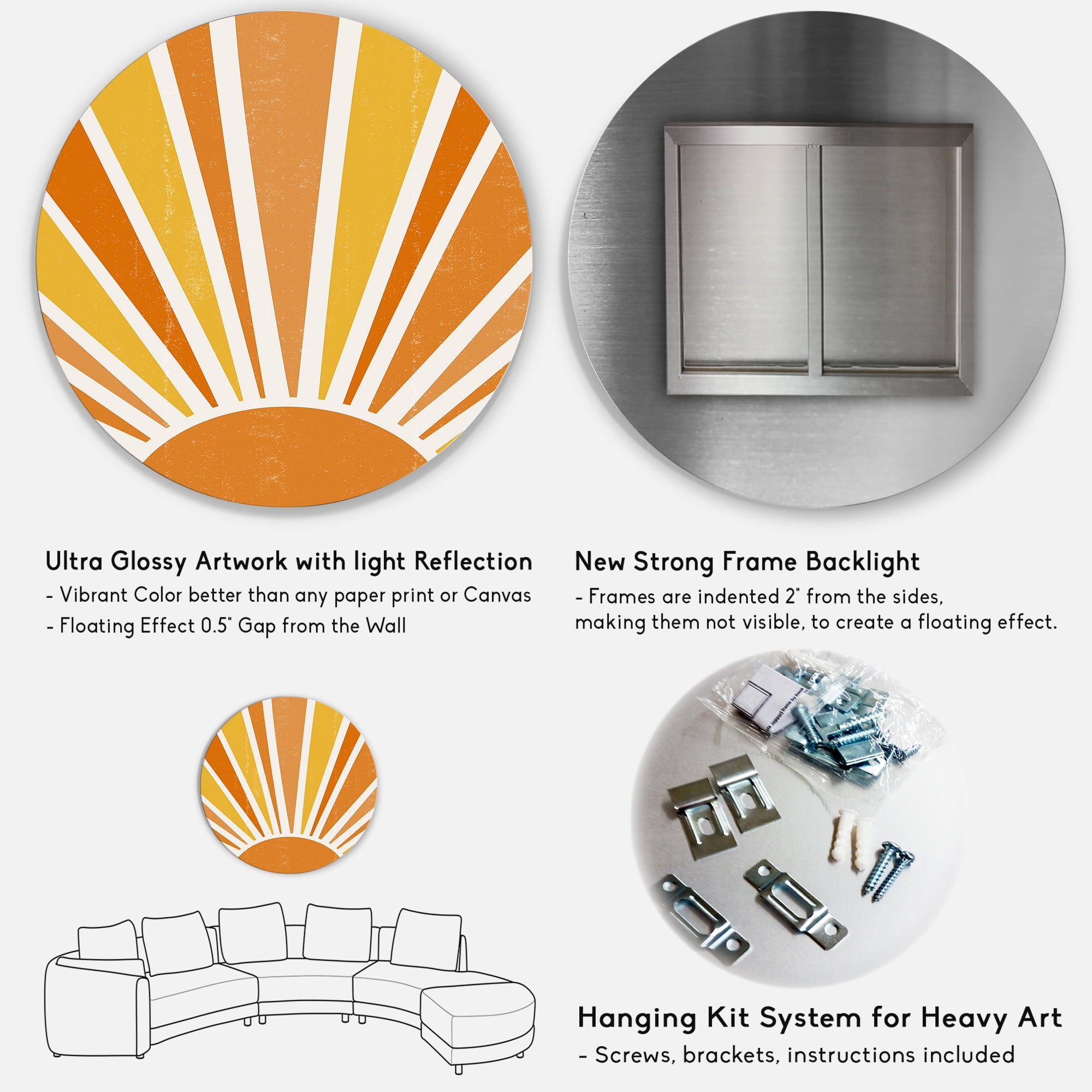 Designart 'Minimal Bright Shining Orange Sun Rays II' Modern Circle Metal Wall Art 29x29 - Disc of 29