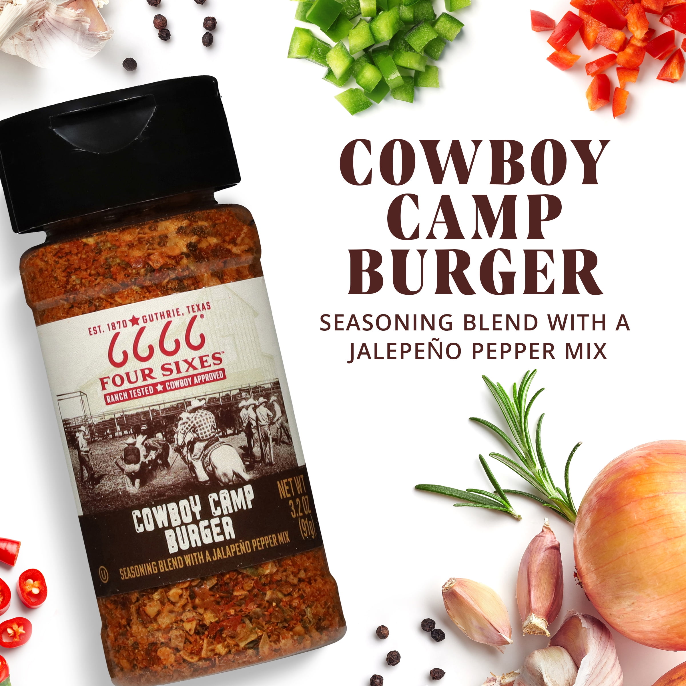 Four Sixes Cowboy Camp Burger Seasoning Blend with Jalapeno Pepper Mix, 5.75 oz Bottle