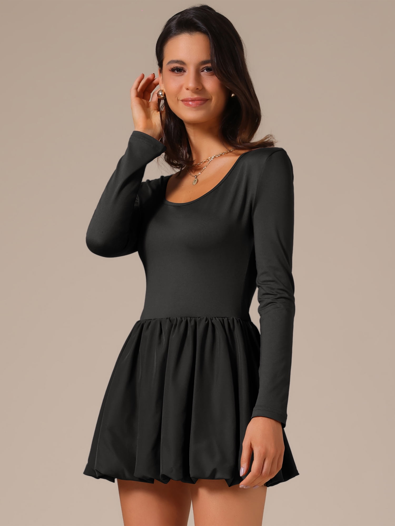 DARING DIVA Women's Scoop Neck Long Sleeve Slim Fit Bubble Skirt Dress M Black