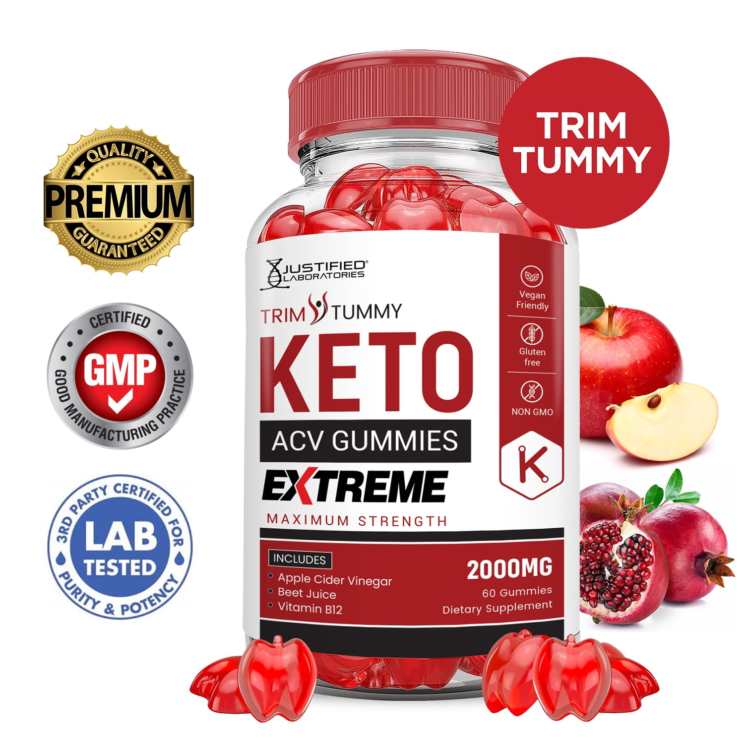 Justified Labs Extra Strength Weight Loss Gummies - Trim Tummy Keto Extreme ACV 2000mg Supplement, 60 Count