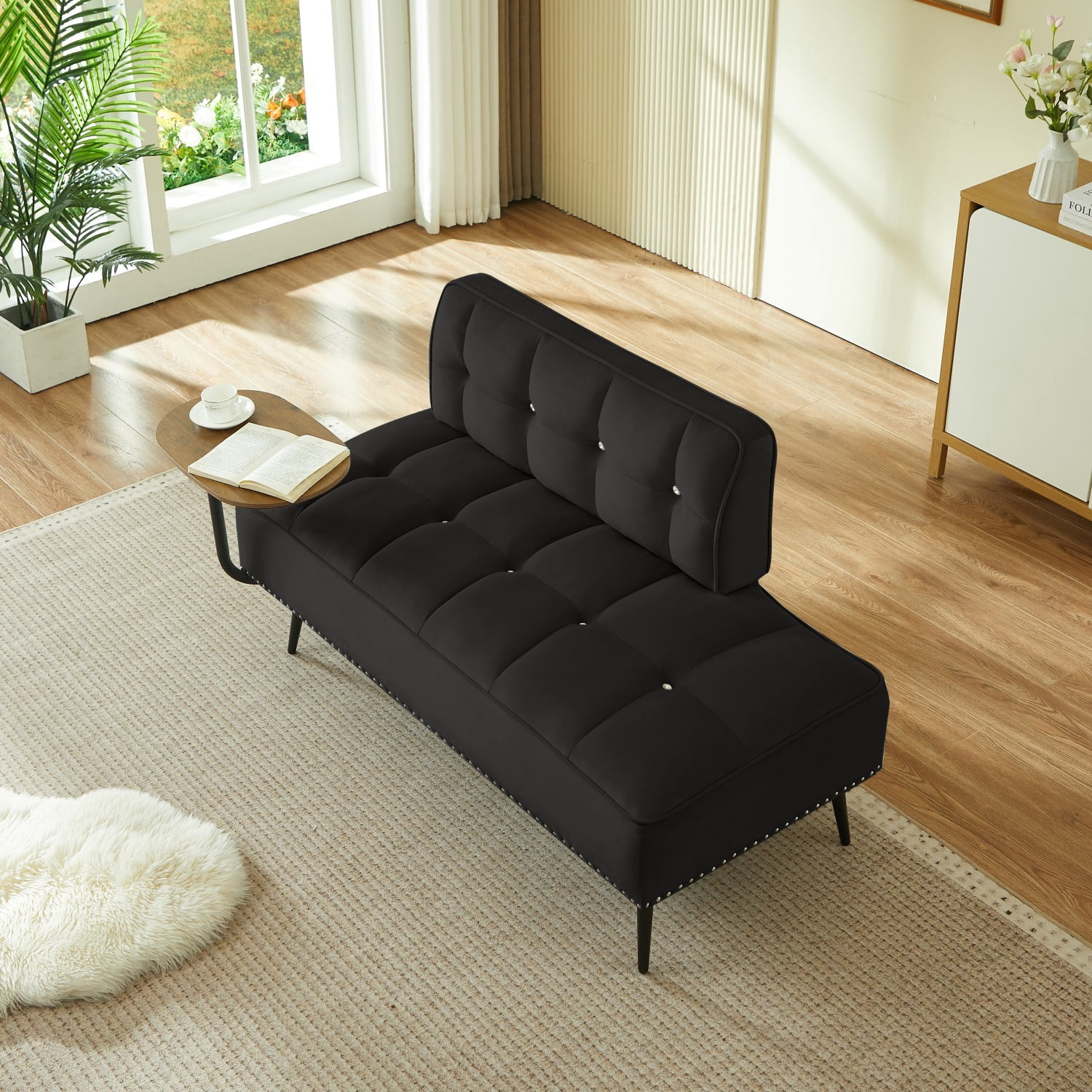 54-Inch Modern 2 Seater Velvet Sofa with 360 Rotating Side Table, Upholstered Couch with Nailhead Trim for Living Room Bedroom Apartment, Black
