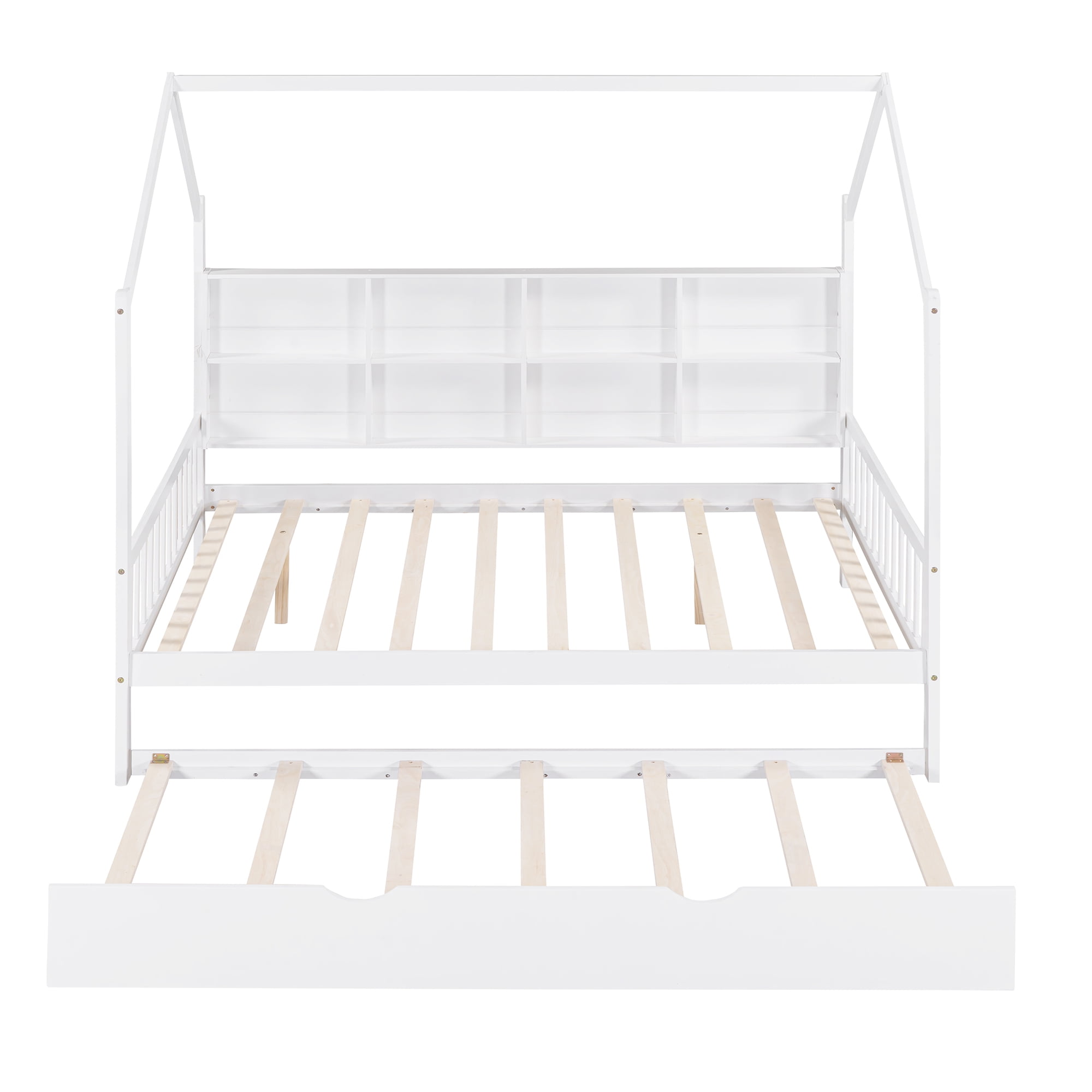 Gewnee Full House Bed with Trundle and Storage Shelves, Wood Playhouse Bed with Roof for Kids,White