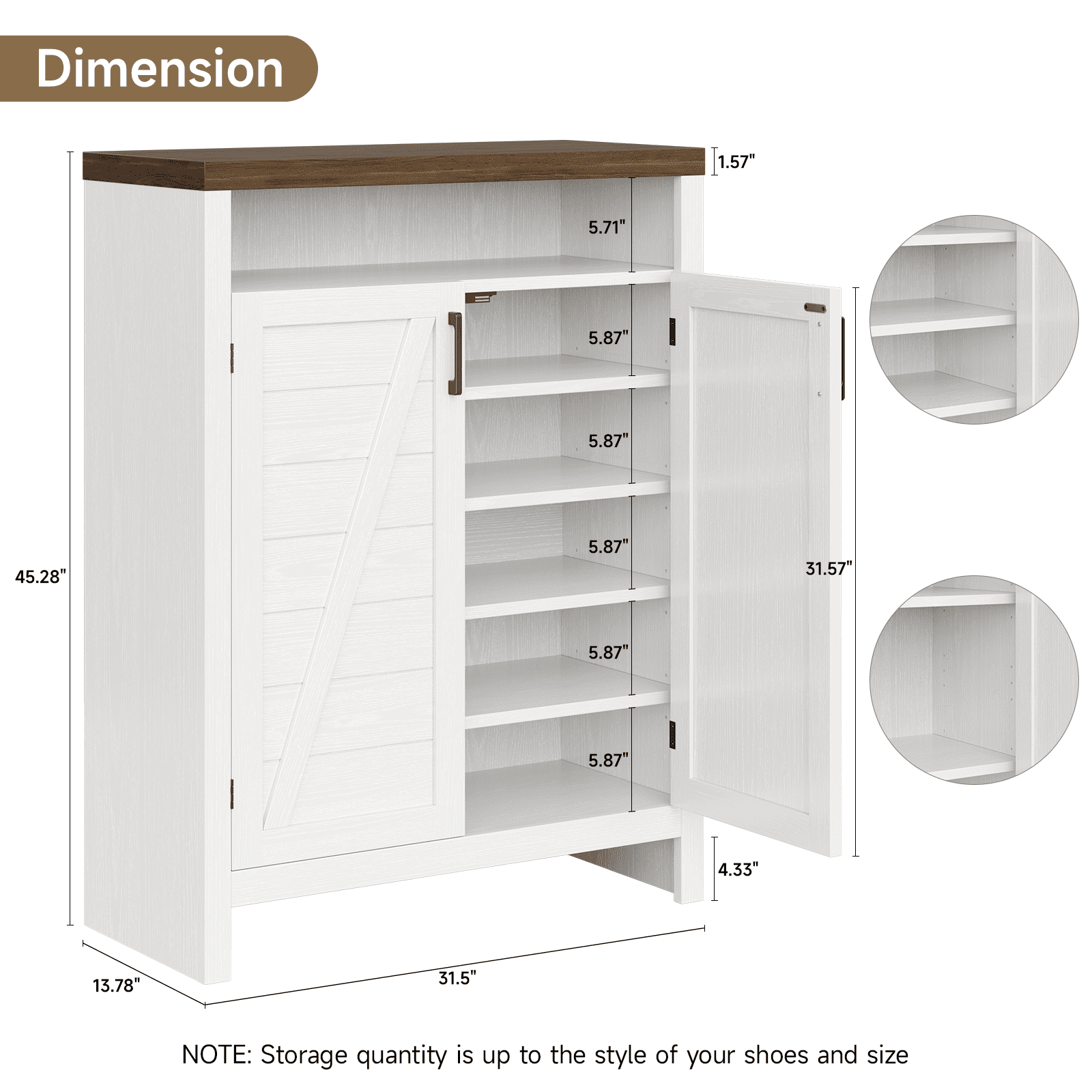 ONBRILL 6-Tier Shoe Cabinet with Doors, Farmhouse Shoe Storage Cabinet with Adjustable Shelves, Large Capacity Wooden Shoe Rack Organizer for Entryway, Closet, Hallway, Living Room, White