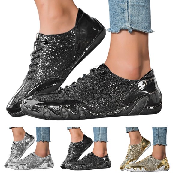 Women's Men's Glitter Sparkly Lace Up Sneakers Wide Width Non Slip Sequin Flat Walking Dressy Shoes