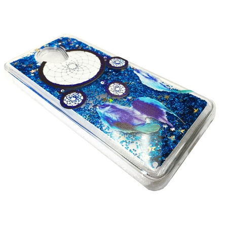 For Alcatel TCL LX A502DL Liquid Motion Glitter Design Cover Cell Phone Case + Tempered Glass Screen Protector - Liquid Blue Dream Catcher