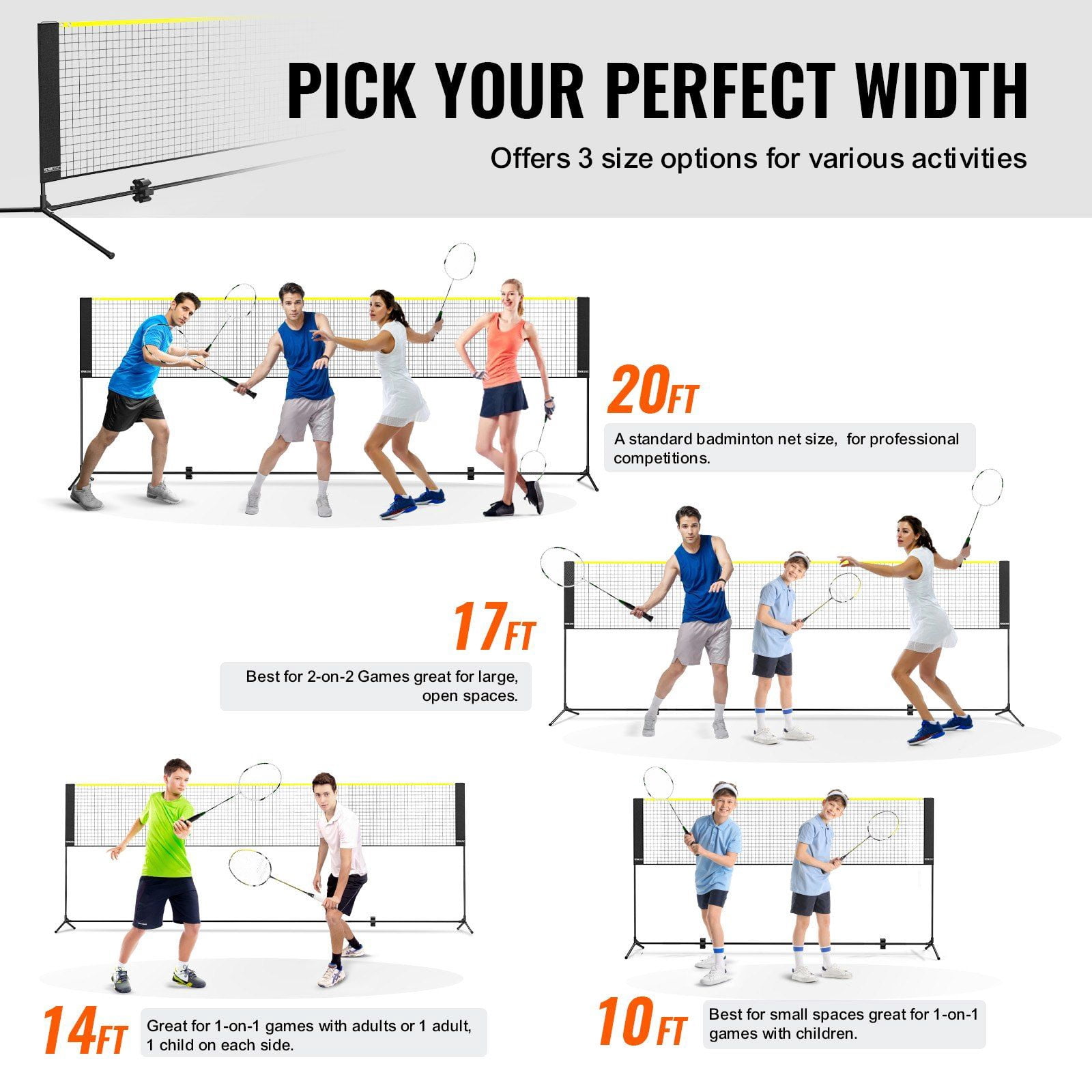 Height Adjustable Portable Badminton Volleyball Pickleball Tennis Net Set 14ft Wide Foldable with Poles Stand Carry Bag for Kids Backyard Indoor Outdoor Use
