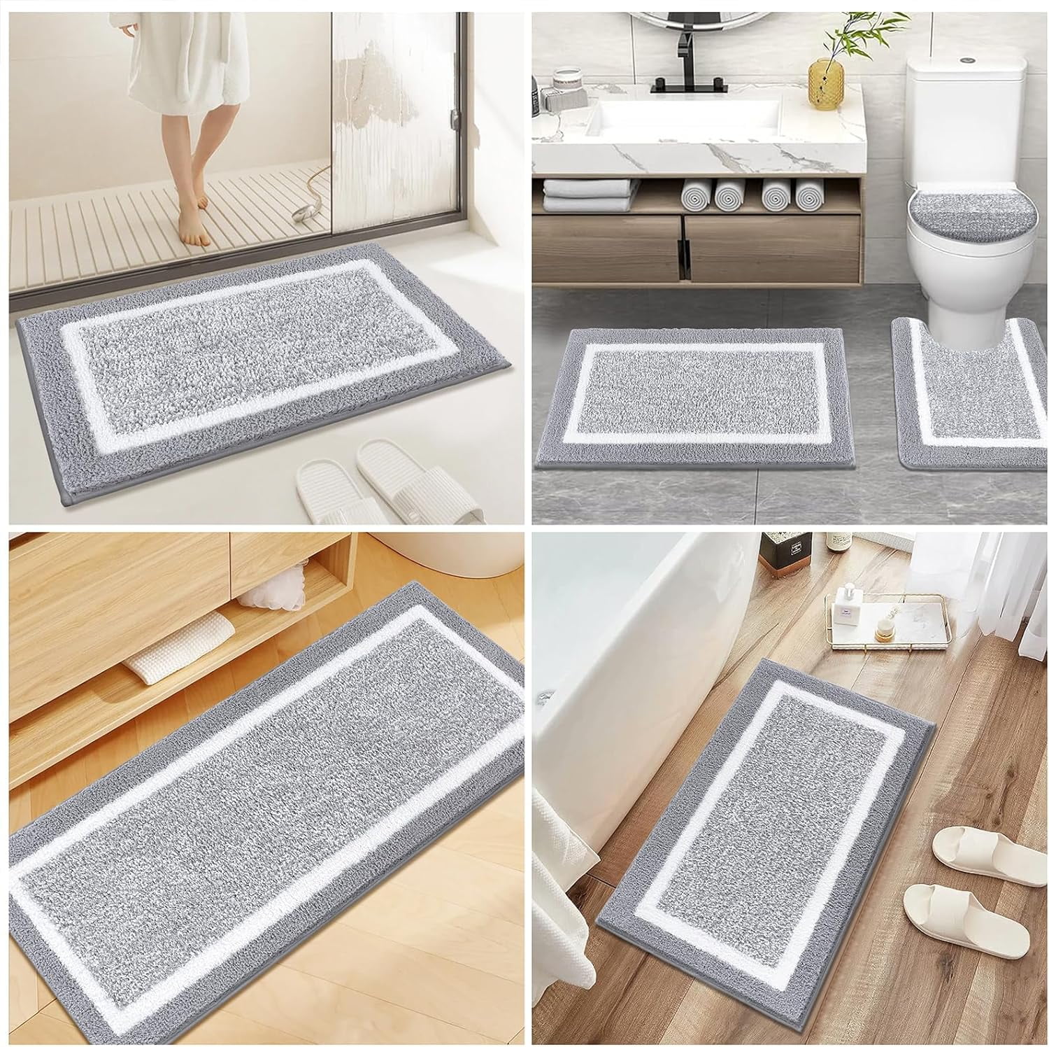 Bathroom Rugs Set 5 Piece, Plush Absorbent Microfiber Bath Mats for Bathroom, Non Slip Washable Bath Rug Set with U Shaped Contour Toilet Rugs, Shower Rug and Toilet Lid Cover, Blue