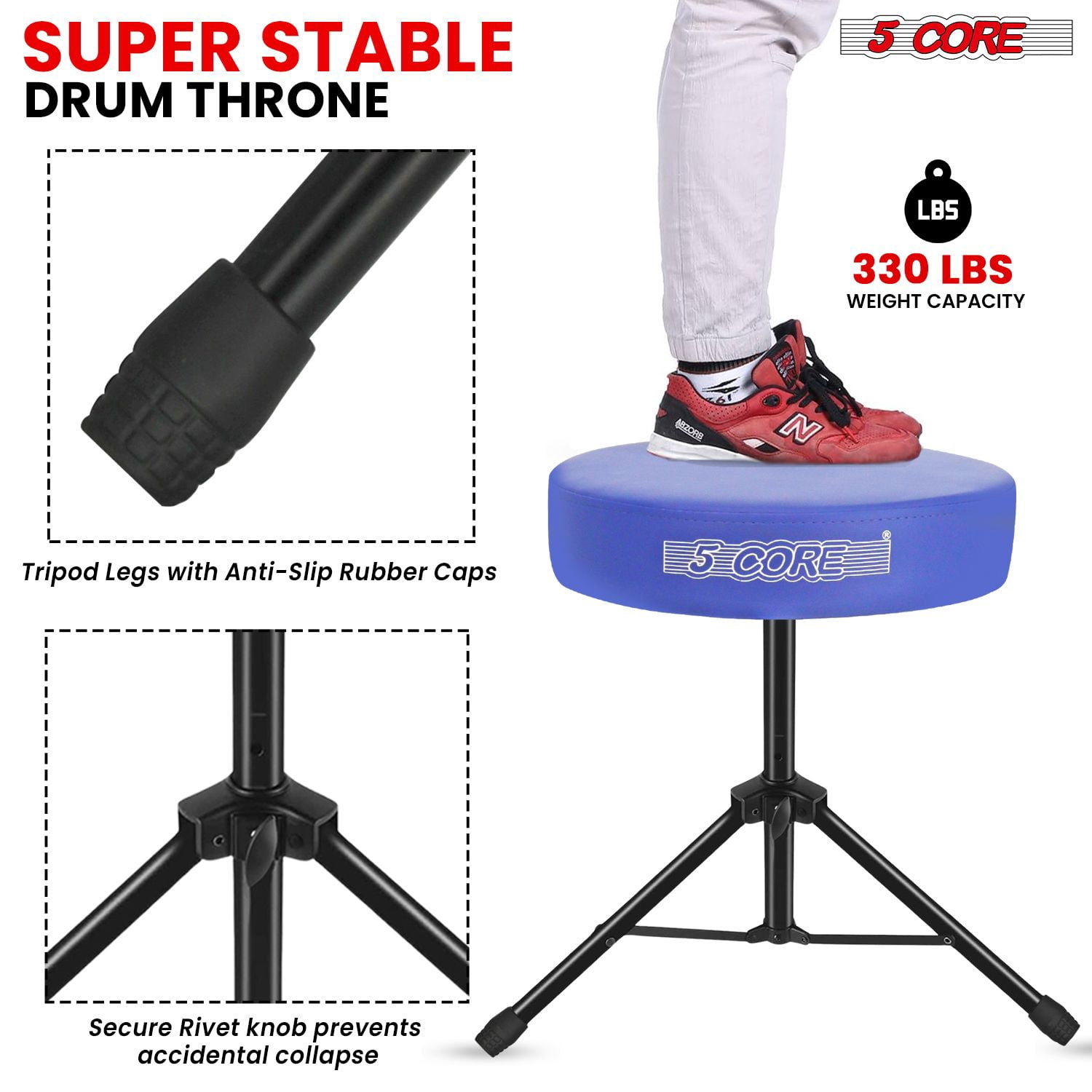 Adjustable Drum Throne Stool with 3" Thick Seat - 17" to 24" Height, 330 lbs Capacity, PU Leather & Iron Frame, Non-Slip Base for Drums/Guitar