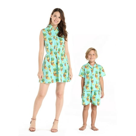 Matching Mother Son Hawaiian Luau Outfit Women Shirt Dress Boy Shirt Shorts Halloween Pineapple Skull S-4