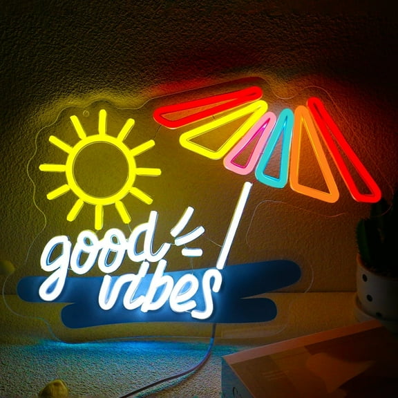 UPONRAY Good Vibes Neon Signs for Wall Decor, LED Neon Light with Sun & Umbrella Decor, Dimmable Good Vibes LED Signs for Bedroom Birthday Party Wedding Cafe Bar Salon