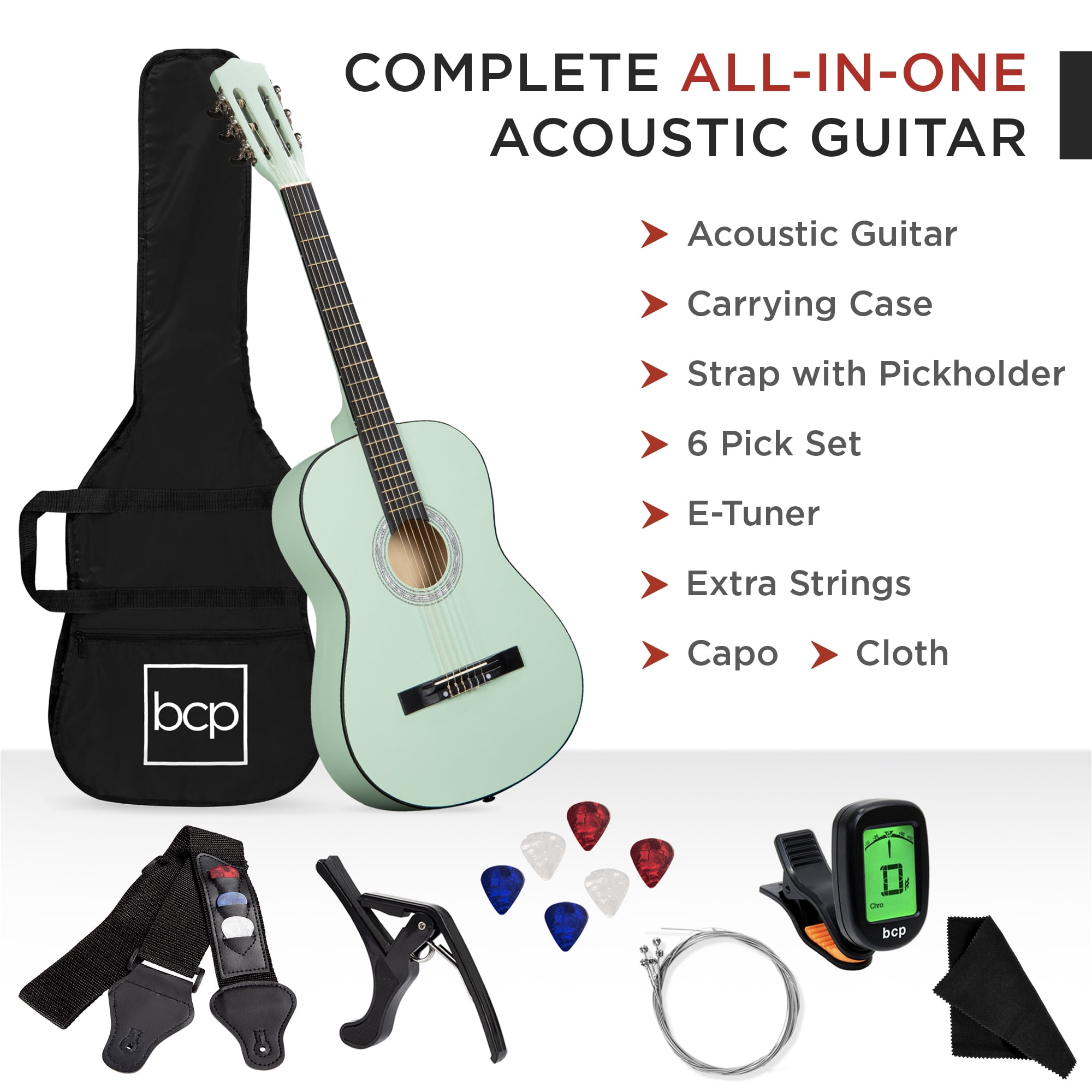 Bcp Acoustic Guitar - Best Choice Products 38in Beginner Acoustic Guitar Starter Kit W Case Strap Digital Tuner Strings Socal Green Walmart Com Walmart Com
