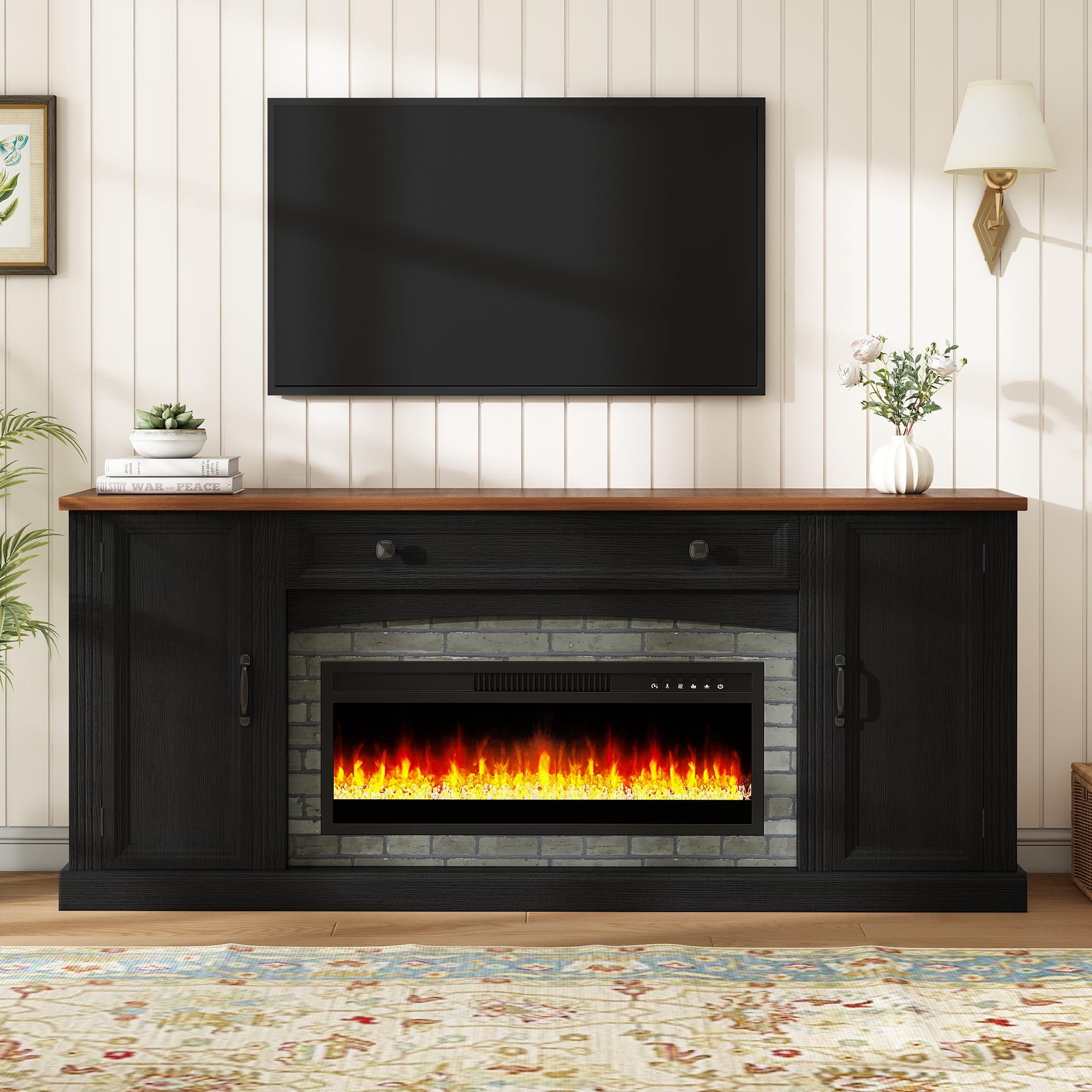 Mintazer Farmhouse Electric Fireplace TV Stand for TVs Up to 70", Entertainment Center with 2 Storage Cabinets & Large Drawer and Adjustable Shelves for Living Room, Black