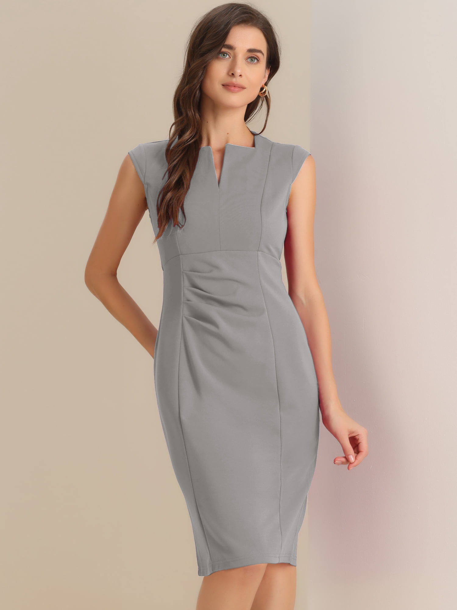 DARING DIVA Women's Sheath Pencil Work Sleeveless Professional Dress L Light Grey