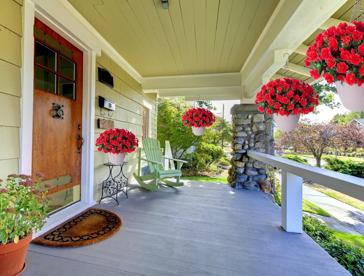 Artificial Fake Hanging Outdoor Flowers Plants with Basket, Faux Silk Camellia UV Resistant Look Real Floral Arrangement Planter for Outside Porch Patio Balcony Garden Home Decor