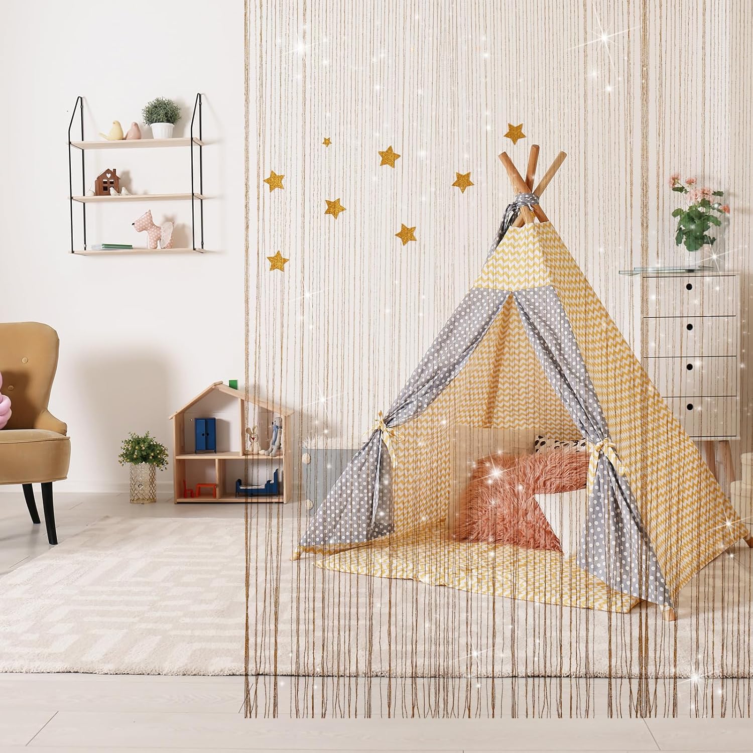 4 Pieces Glitter String Curtains Doorway Beads Curtains, 39 x 79 Inch Hanging Fringe Hippie Room Divider Door String Curtain Boho Doors Tassel for Doorways, Windows, Closet, Privacy Decor (Champagne)