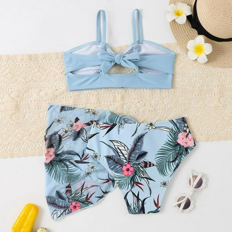 ESHOO 3Pcs Little Girls Bikinis Swimsuits Swimwear 7-14T, Teenager Big  Girls Floral Hollow Out Bikinis Bathing Suit With Cover Up Skirt