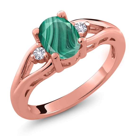 Gem Stone King 18K Rose Gold Plated Silver Green Malachite and White Created Sapphire 3 Stone Engagement Ring for Women | 2.08 Cttw | Oval 8X6MM | Round 2MM | Gemstone Birthstone | Size 9