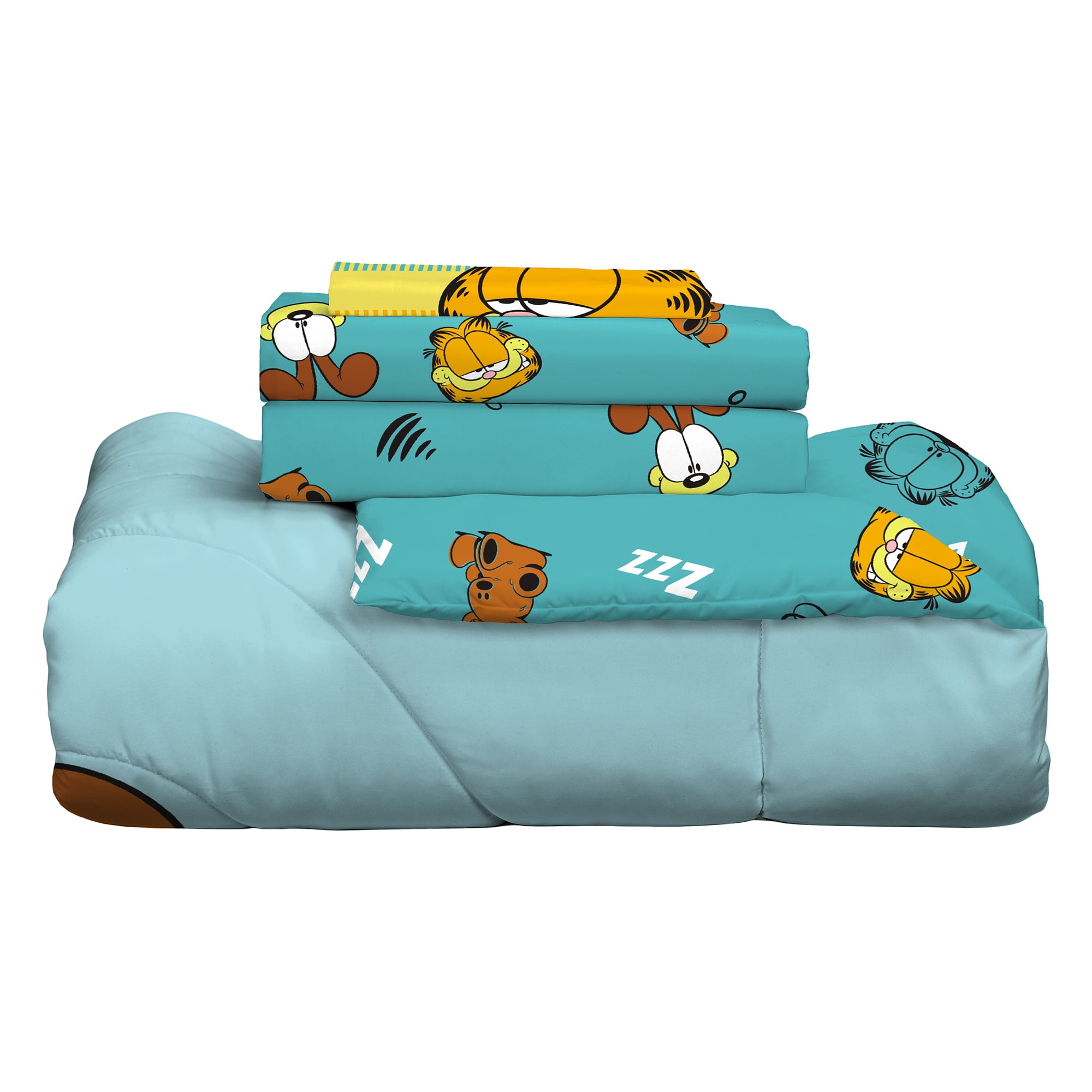 Garfield Kids 5 Piece Teal Blue Orange Reversible Comforter, Bed in a Bag, Full