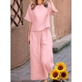 thumbnail image 2 of Women'S 2 Piece Set - Boat Neck Half Sleeve Top & Wide Leg Pants with Pockets, Casual for Work, Travel Pink XL, 2 of 4