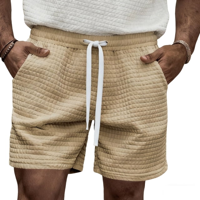 Mens Shorts Elastic Waist with Pockets Solid Color Casual Work Bottoms, Half Length Side Pocket Trousers, Soft Polyester Summer