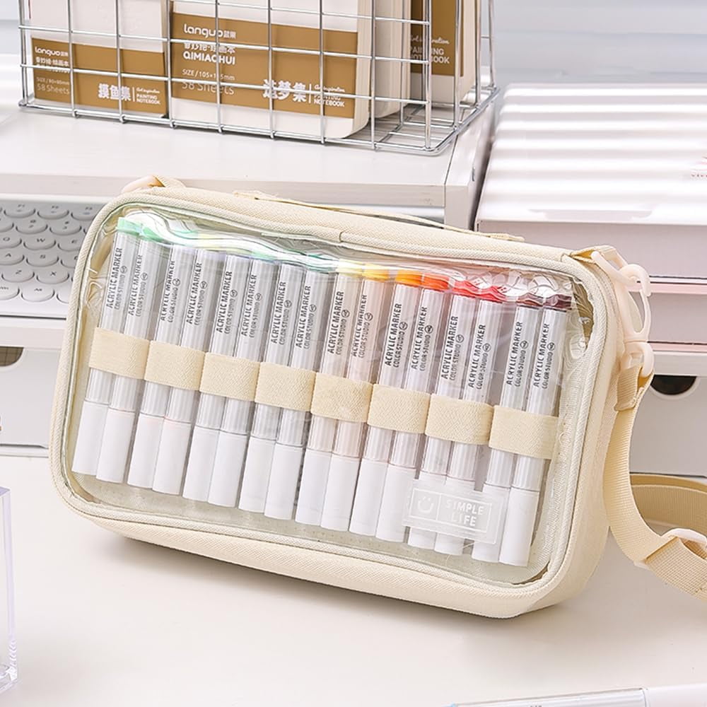 ABPETE  Marker Organizer Case for 64 paint markers, Marker Carrying Bag with Handle, Waterproof Pen Pouch Bag for Travel,Off White(Excluding Marker)