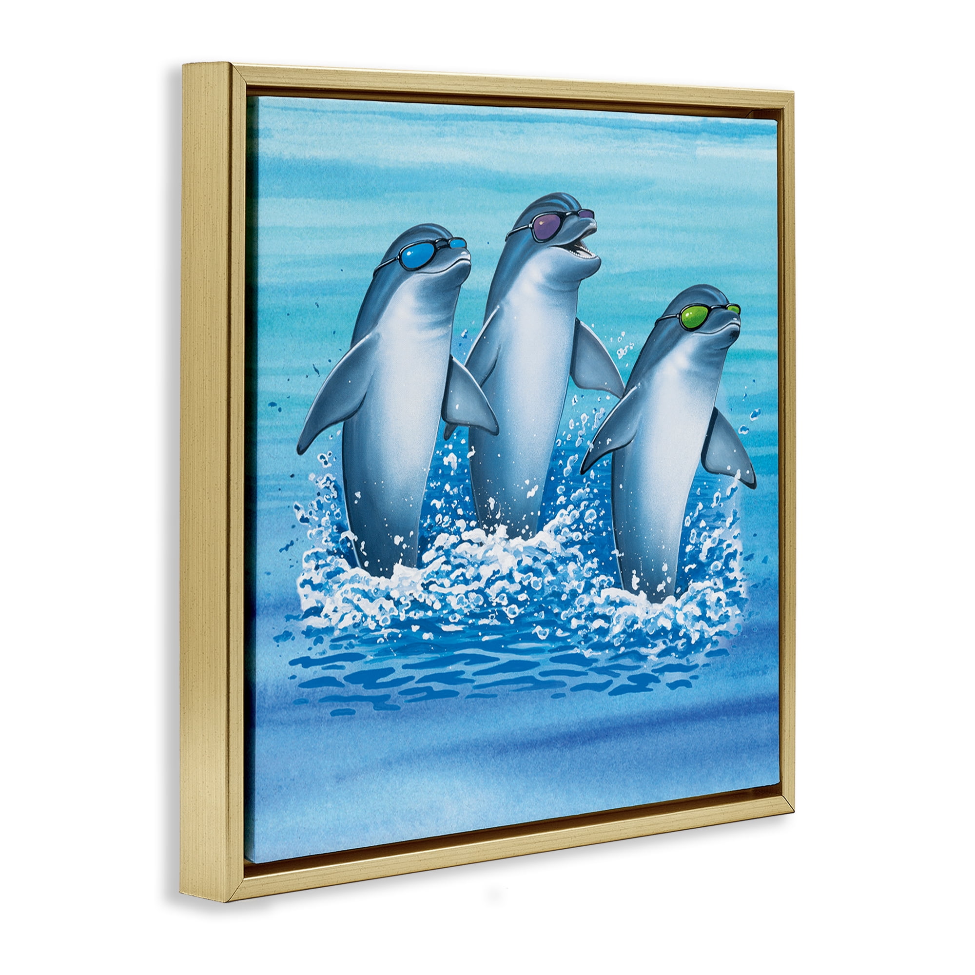 Stupell Industries Cool Dolphins Trio Animals Painting Gold Floater Framed Canvas Art Print Wall Art, 25 x 25