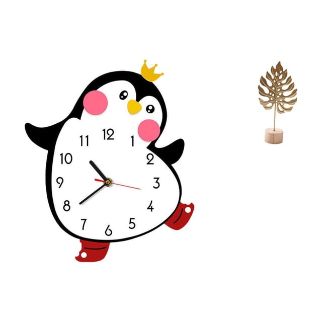 Reloj de pared,Reloj de pared silencioso y decorativo que no hace tictac,Reloj de pared silencioso de pingüino pequeño Reloj de madera,Escultura de hojas,Estatua de hoja de metal Escultura de