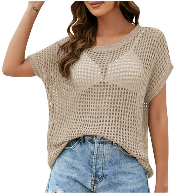 Yuyuzo Hauts au Crochet pour Femmes Manches Courtes Chemises d'Été Col Rond Chandail Ajouré à Enfiler Haut