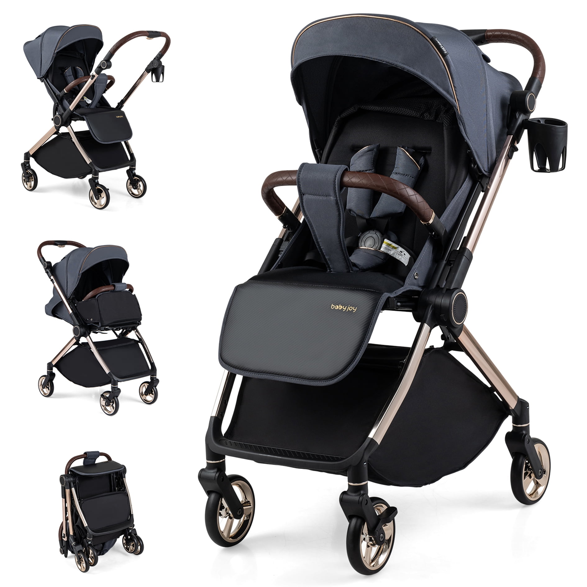 MULTIGOT Foldable Baby Stroller w/Reversible Handle Adjustable Backrest Canopy Cup Holder Gray