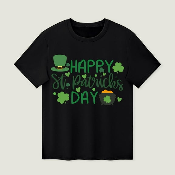 Tao Tao Happy St.Patrick's Day Short Sleeve For Kids Lucky Shamrock Tops Boys and Girls T Shirts Holiday Clothes 1-12 Years Summer Round Neck Comfortable Top Black 7 Years