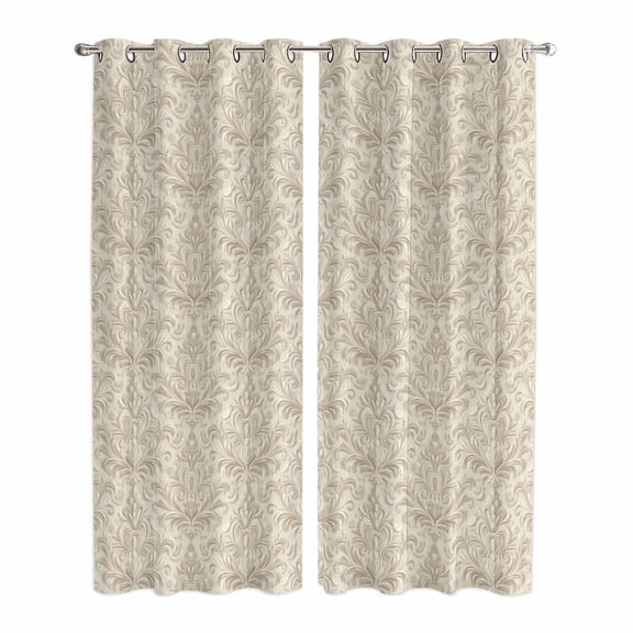 Beige Baroque Kitchen Curtains 96 Inch Length, Farmhouse Scroll Floral Pattern Art Grommet Top Bedroom Living Room Curtains, Light Filtering Cafe Curtain Drapes 2 Panels Set 104''x96''