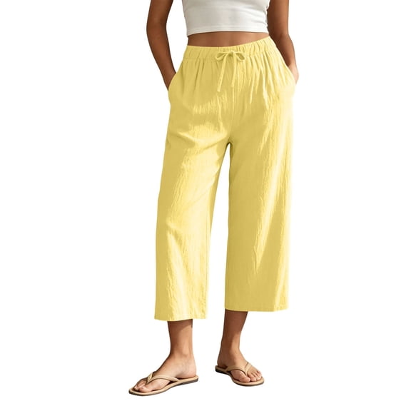 BLVB Cotton Linen Capri Pants for Women Casual Summer Drawstring Elastic High Waist Capris Wide Leg Cropped Trousers with Pockets