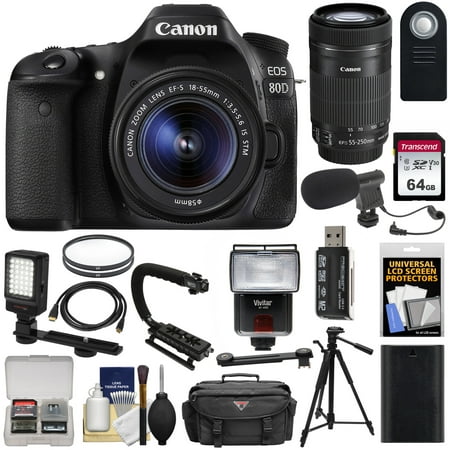 Canon EOS 80D Wi-Fi Digital SLR Camera & 18-55mm IS STM + 55-250mm IS STM Lens + 64GB + Battery + Case + Tripod + Flash + LED + Mic + Stabilizer (Best Camera For 250)