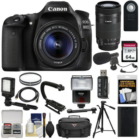 Canon EOS 80D Wi-Fi Digital SLR Camera & 18-55mm IS STM + 55-250mm IS STM Lens + 64GB + Battery + Case + Tripod + Flash + LED + Mic + Stabilizer