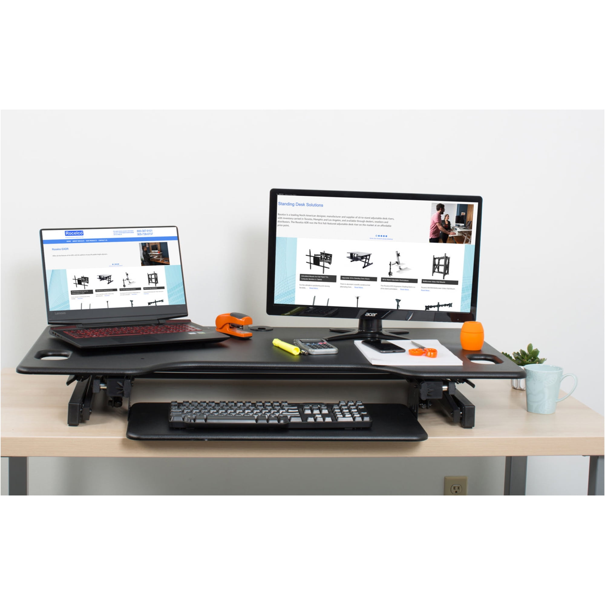 Rocelco 46" Large Height Adjustable Standing Desk Converter | Quick Sit Stand Up Triple Monitor Riser | Gas Spring Assist Computer Workstation | Retractable Keyboard Tray | Black (R DADRB-46)