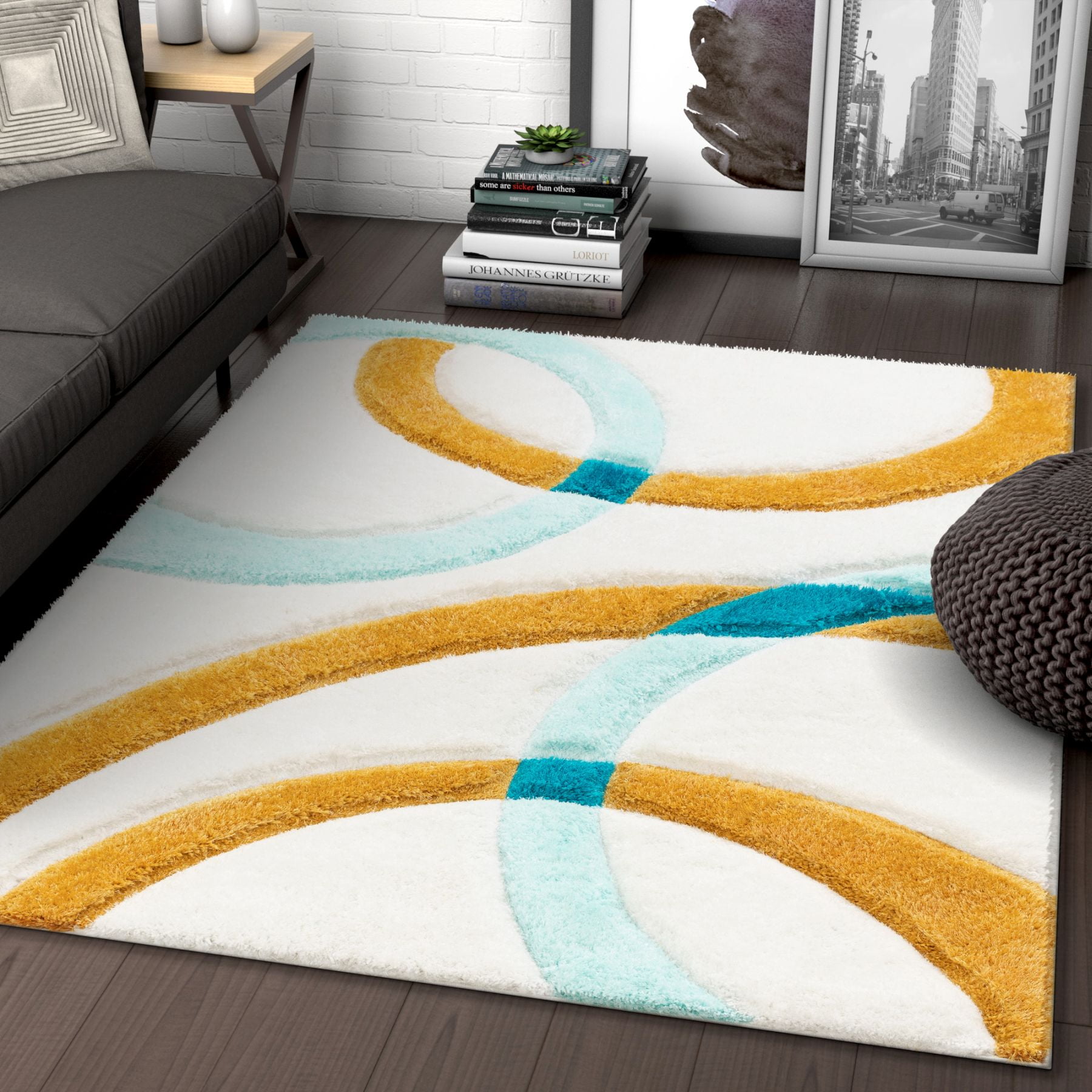 Well Woven Olly Blue Geometric Stripes Thick Soft Plush 3D ...
