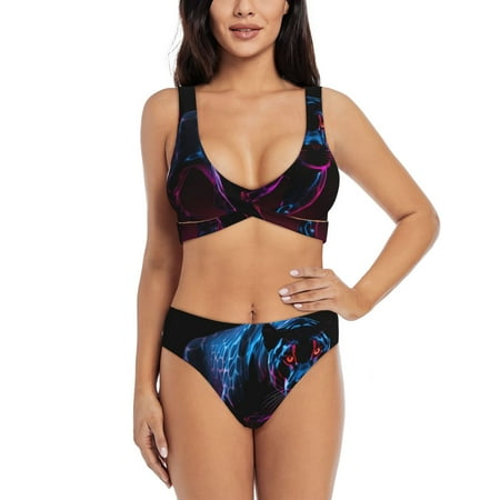 Zeuib Futuristic Purple Panther High Waisted Tummy Control Bikini Set - Knot Front Push Up Top & Cheeky Thong Bottom  Two-Piece Swimsuit for Women-X-Large