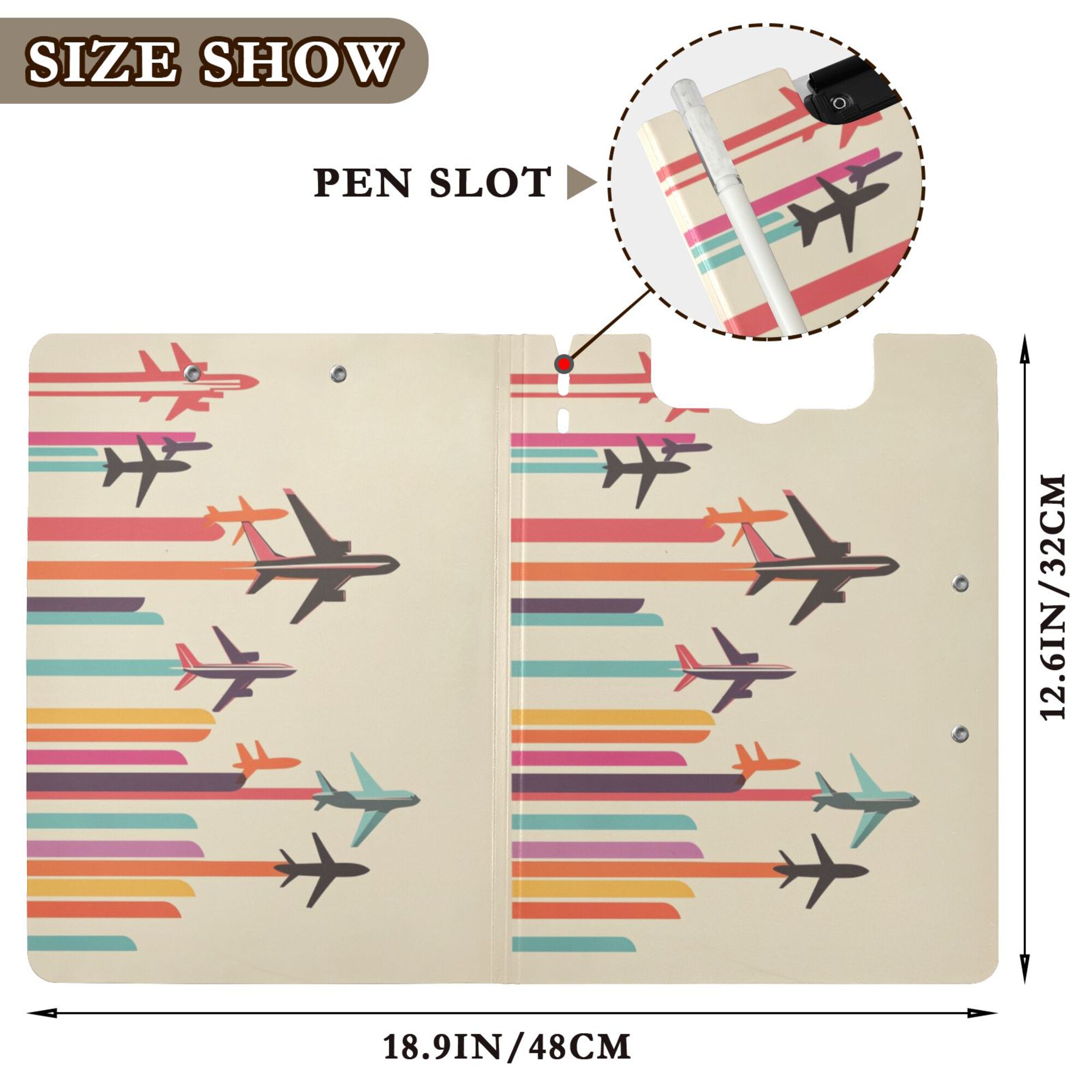 FORMRS A4 Clipboard Folder with Pen Holder Horizontal Foldable School Office Binder, Flying Planes