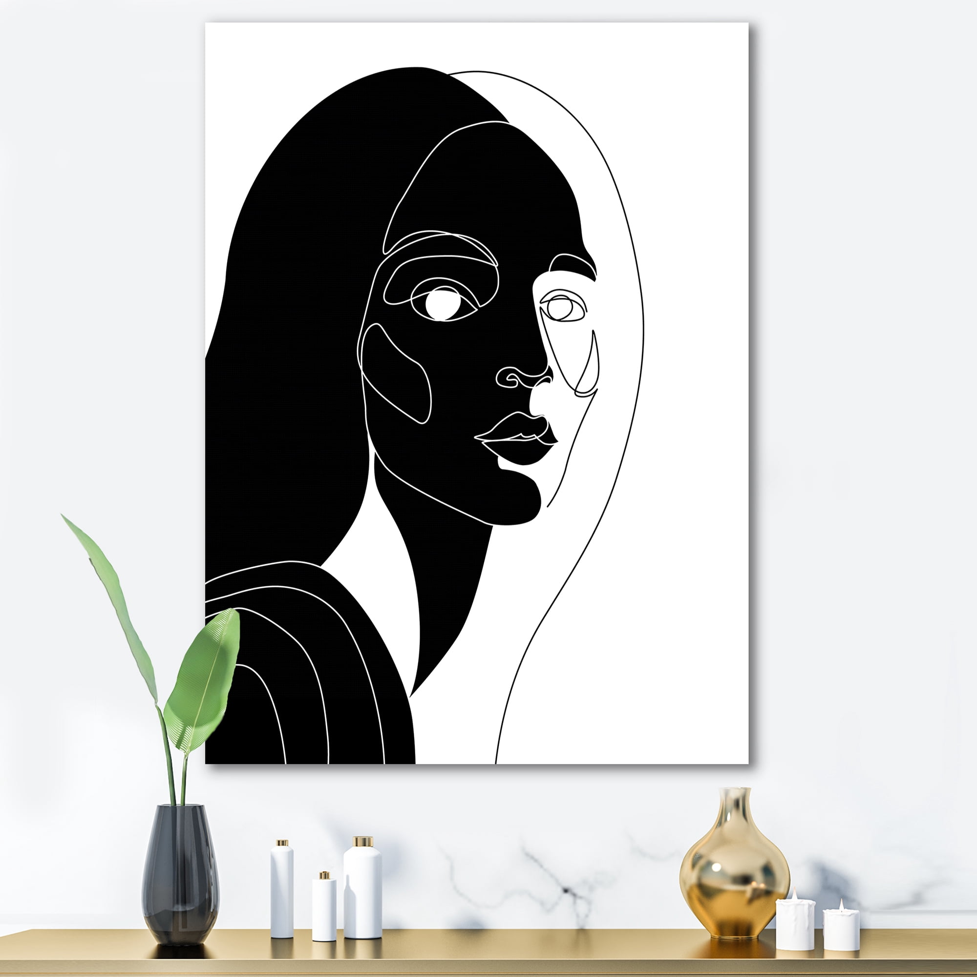 Designart ' Retro Black and White Minimal Portrait of Young Girl ' Modern Canvas Wall Art Print