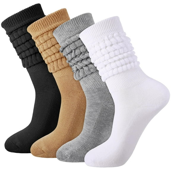  Emlimny 4 Pairs Slouch Cotton Knit Socks,Slouch Socks for Women,Retro Stacked Socks Soft Breathable Athletic Scrunch Calf Ankle Sock Long Chunky Scrunch Knee High Sock for Women